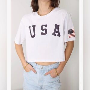 NWT ANNA-KACI Letter Print Crop Top Short Sleeve July 4th USA Flag T-Shirt